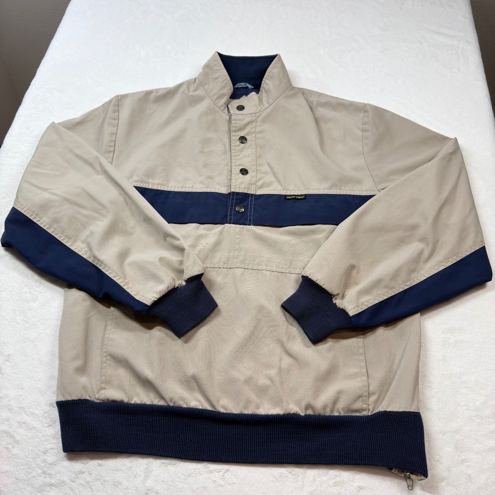 Pacific Trail Pullover Jacket Mens Large Tan Navy Good Vintage Snap Mock Neck